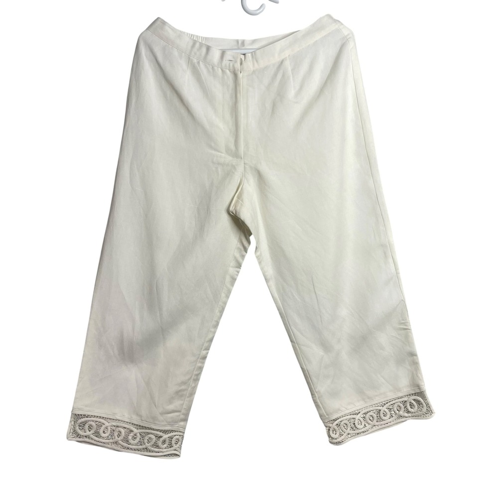 Ivory Linen look Cropped Wide Leg Pants with Lace Hem Size 10